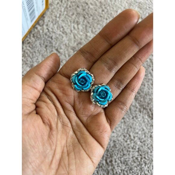 blue stud earring cerulean Cyan rose blue flower small teal aqua wedding earring - Picture 1 of 3
